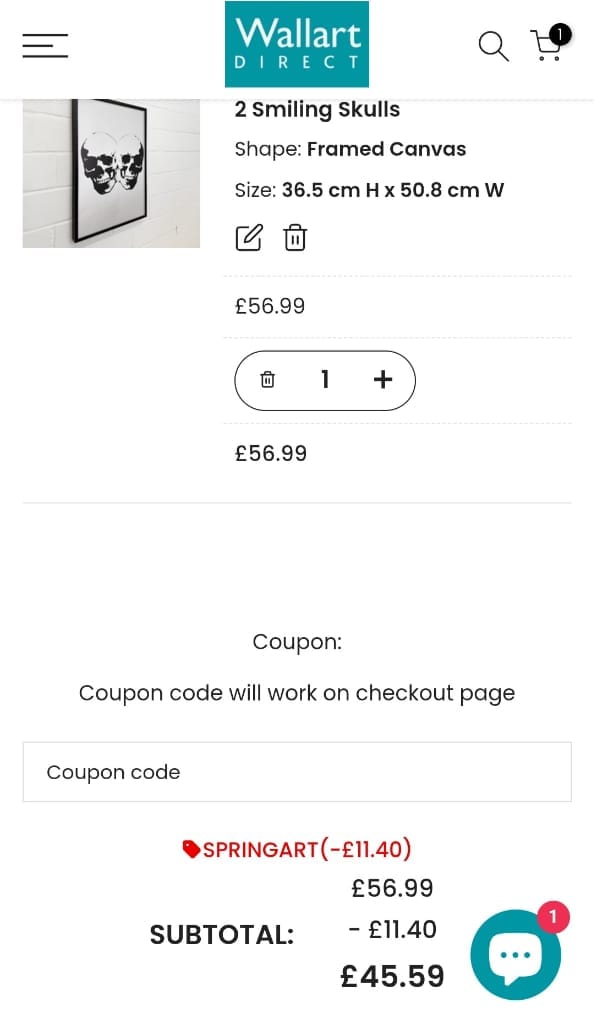 Screenshot of the Wall Art Direct discount code working