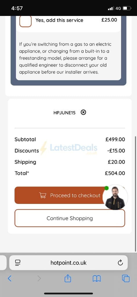 Screenshot of the Hotpoint discount code working