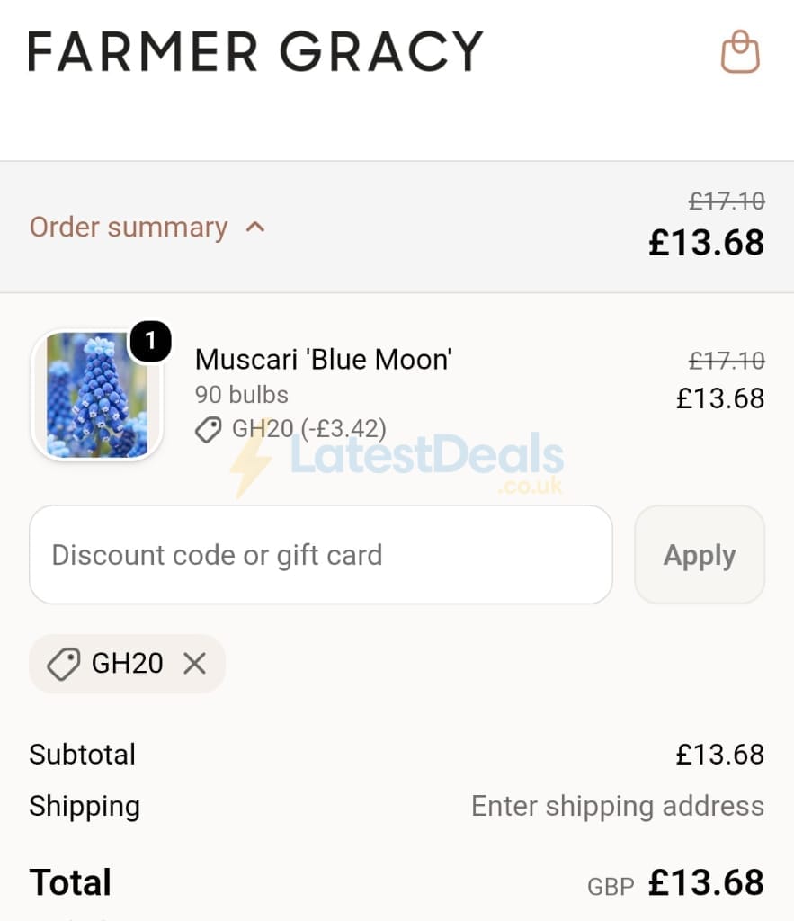 Screenshot of the Farmer Gracy discount code working