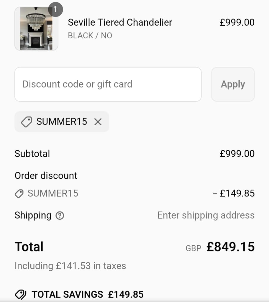 Screenshot of the The Lighting Vault discount code working