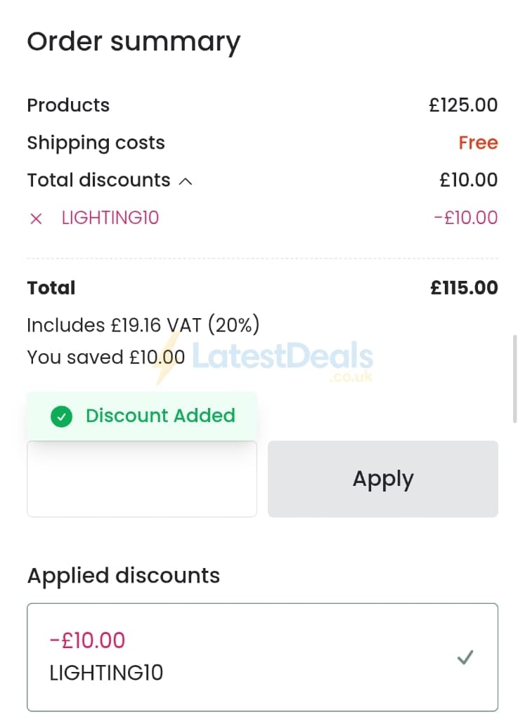 Screenshot of the Lighting Direct discount code working