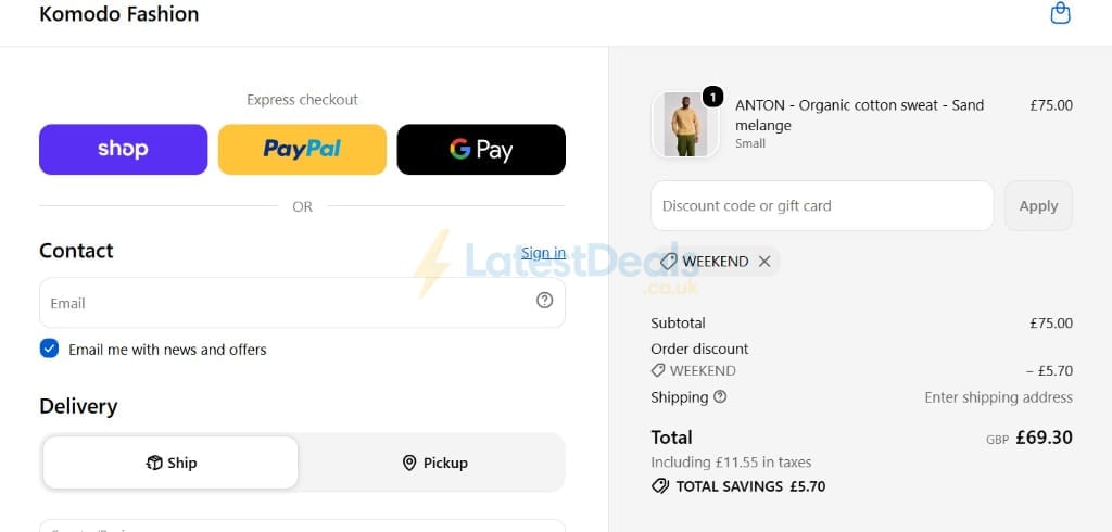 Screenshot of the Komodo discount code working