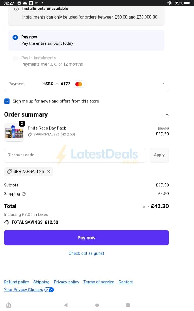 Screenshot of the OTE Sports discount code working