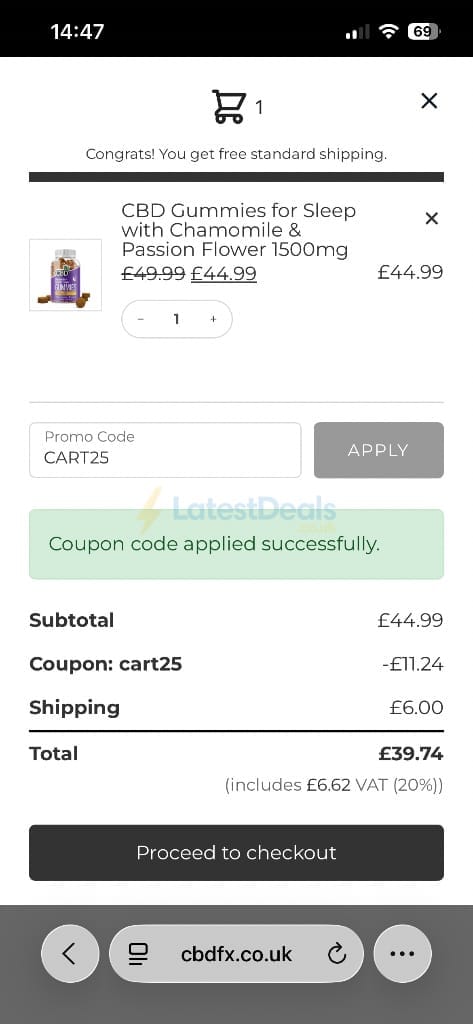 Screenshot of the CBDFX discount code working