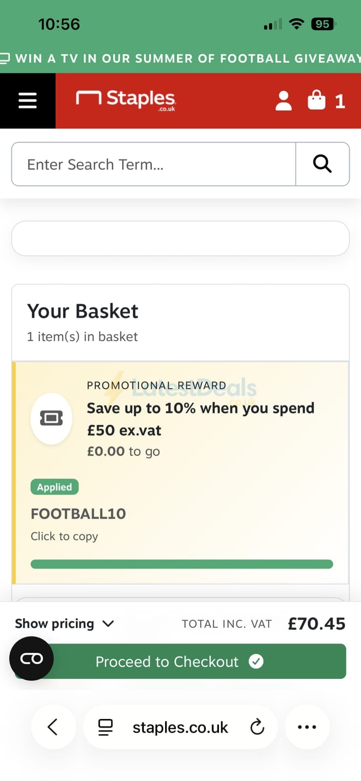 Screenshot of the Staples discount code working