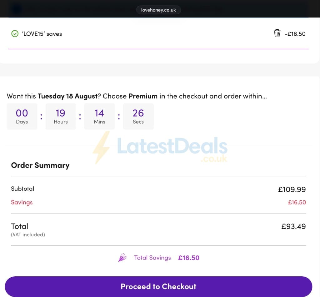 Screenshot of the Lovehoney discount code working