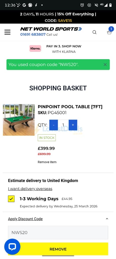 Screenshot of the Net World Sports discount code working