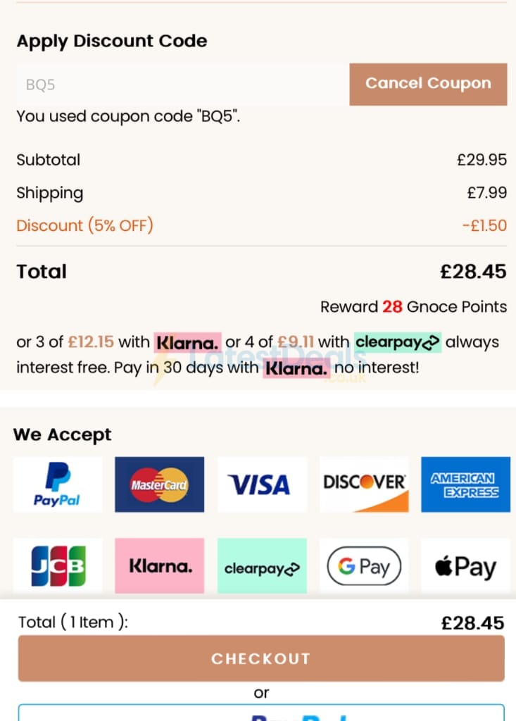 Screenshot of the Gnoce discount code working