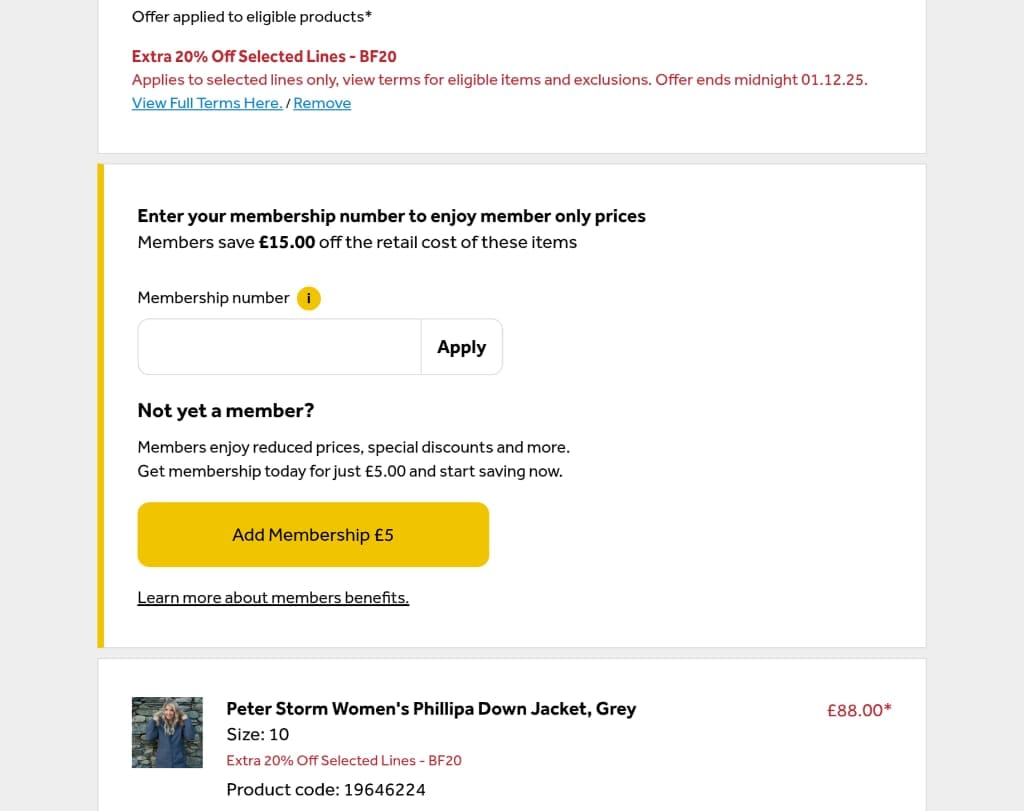 Screenshot of the Go Outdoors discount code working