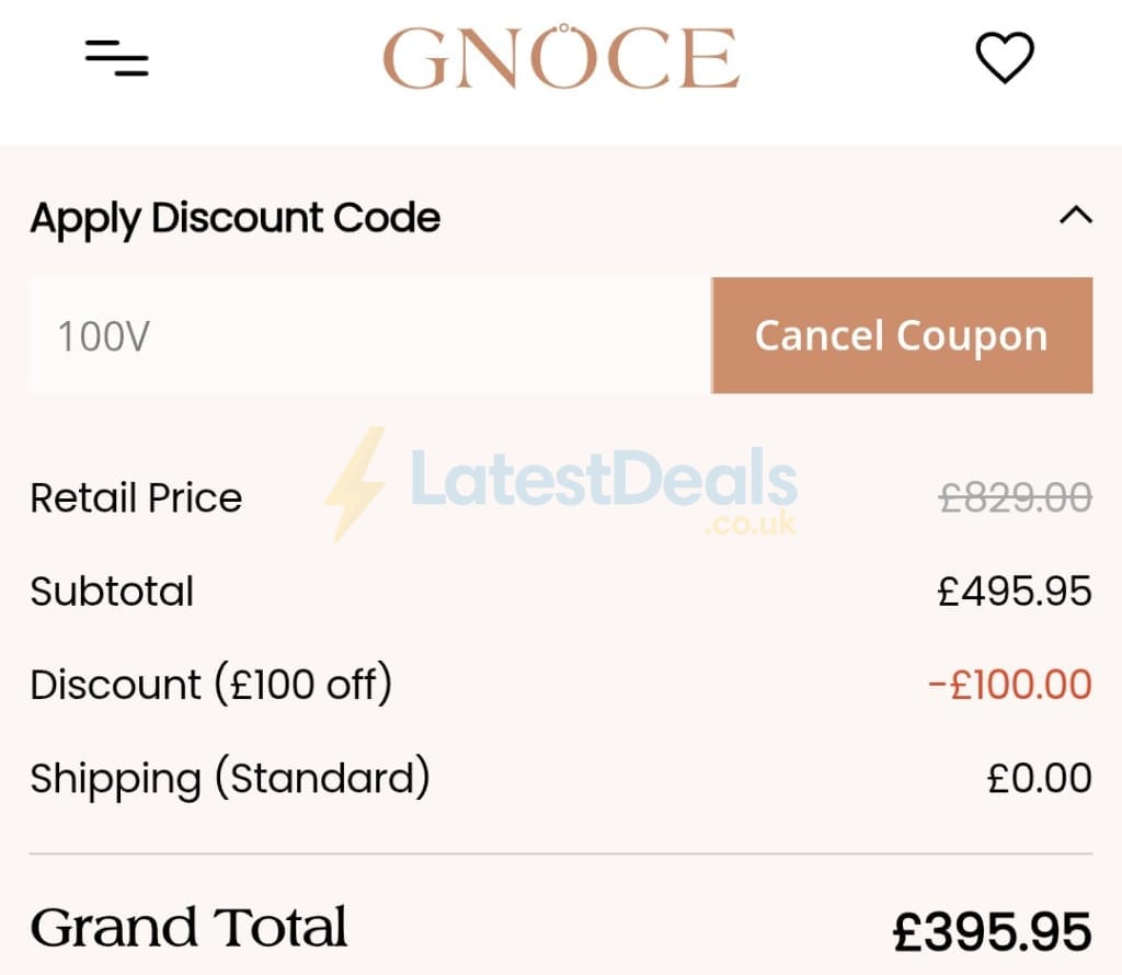 Screenshot of the Gnoce discount code working