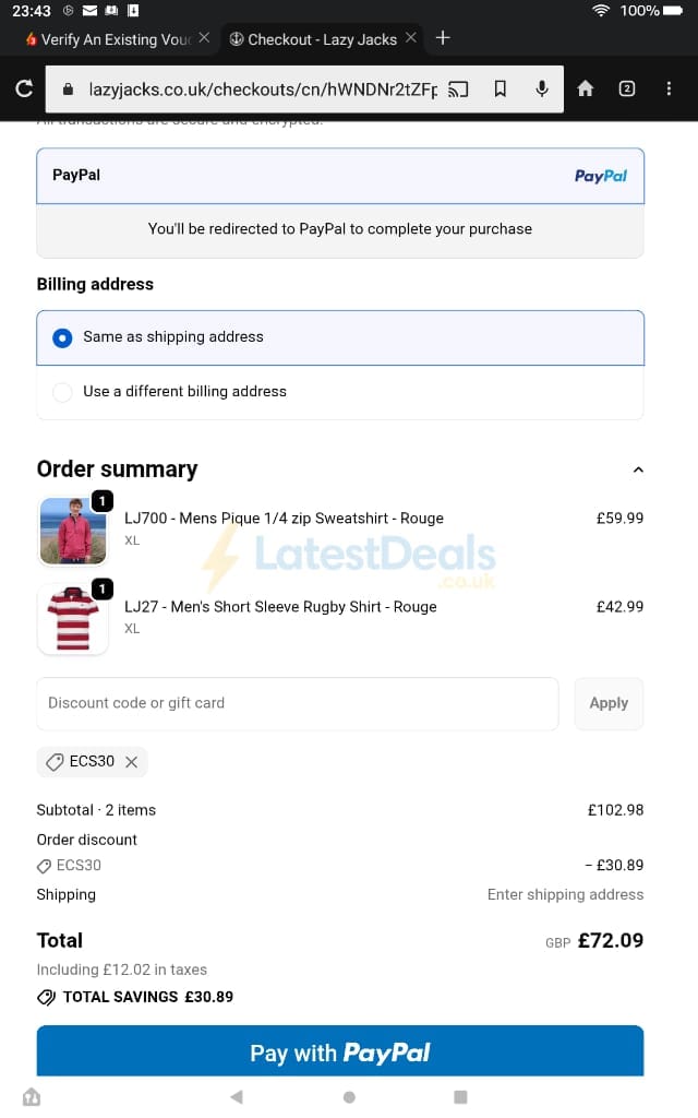 Screenshot of the Lazy Jacks discount code working