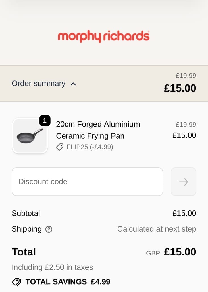 Screenshot of the Morphy Richards discount code working