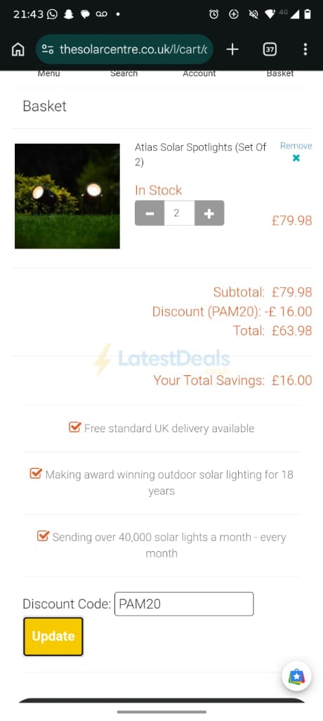 Screenshot of the Solar Centre discount code working