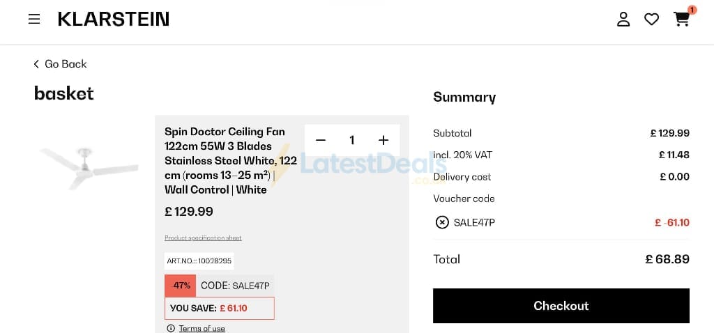 Screenshot of the Klarstein discount code working