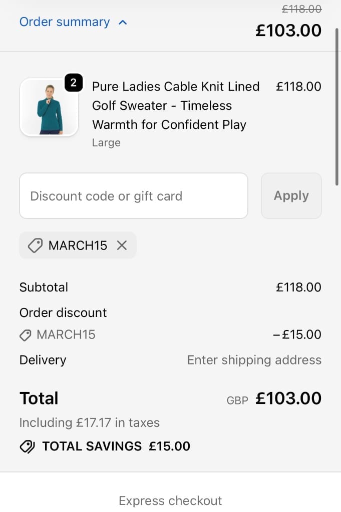 Screenshot of the Golf Garb discount code working