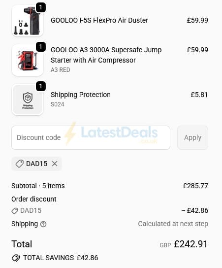 Screenshot of the GOOLOO discount code working