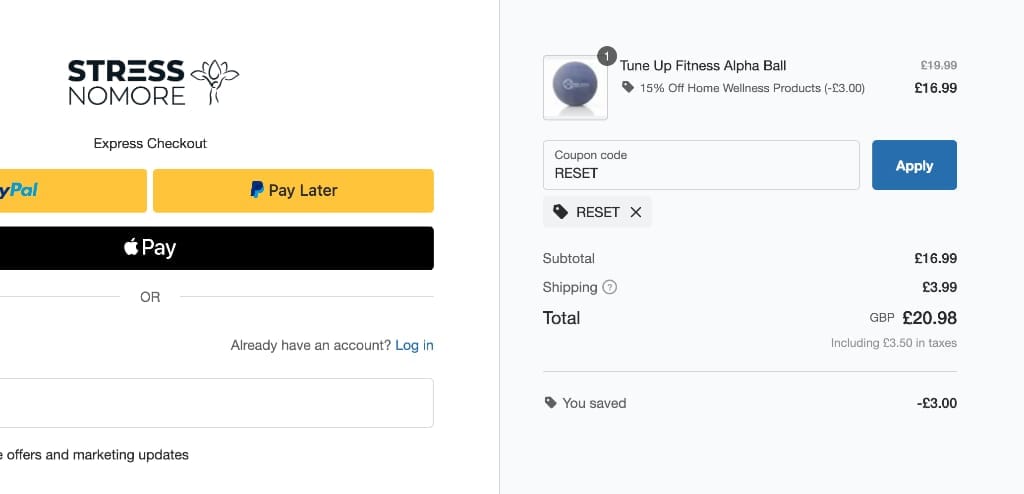 Screenshot of the StressNoMore discount code working