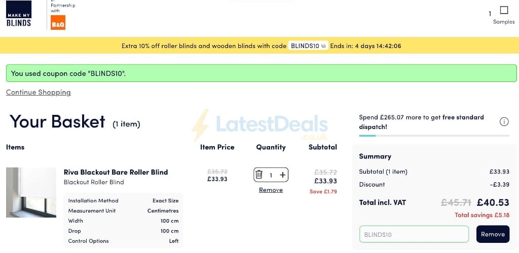 Screenshot of the Make My Blinds discount code working