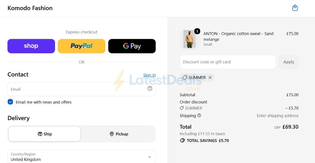 Screenshot of the Komodo discount code working