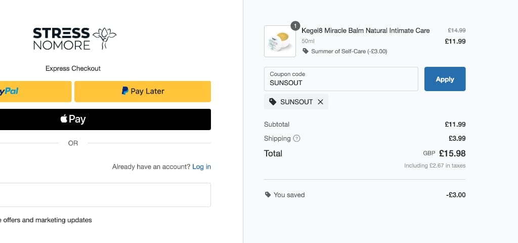 Screenshot of the StressNoMore discount code working