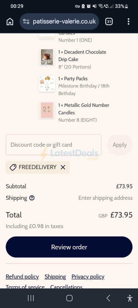 Screenshot of the Patisserie Valerie discount code working