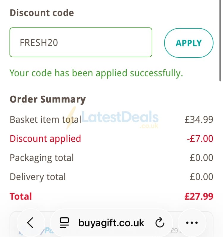 Screenshot of the Buyagift discount code working
