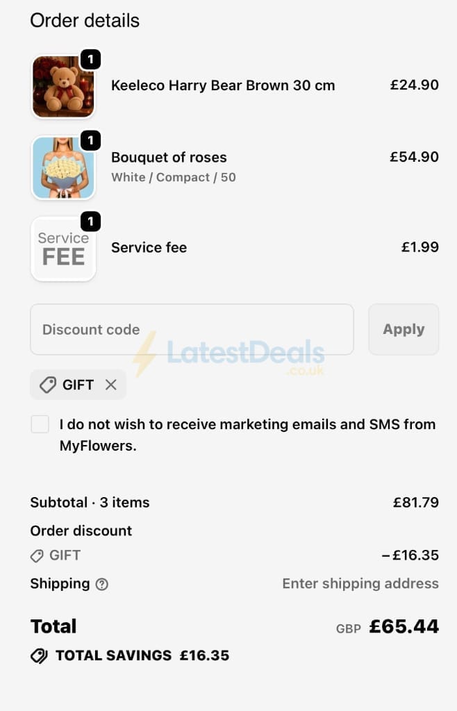 Screenshot of the MyFlowers discount code working