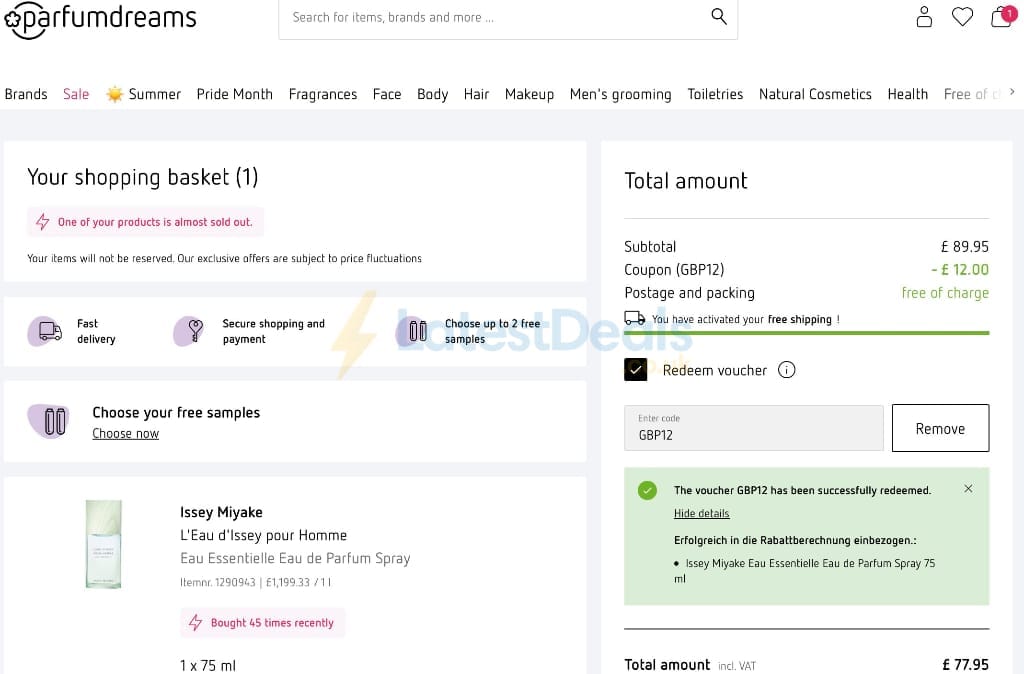 Screenshot of the Parfumdreams discount code working