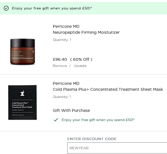 Screenshot of the Perricone MD discount code working