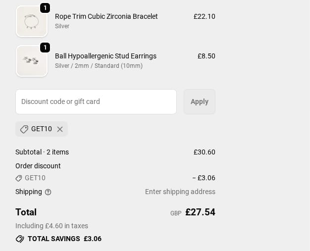 Screenshot of the Solace Jewellery discount code working