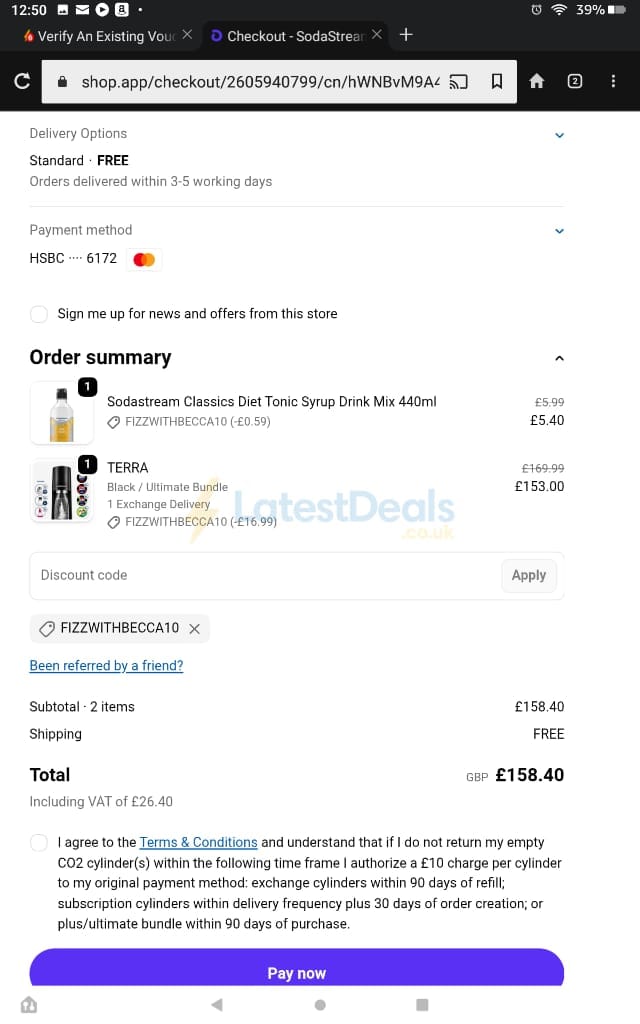 Screenshot of the SodaStream discount code working