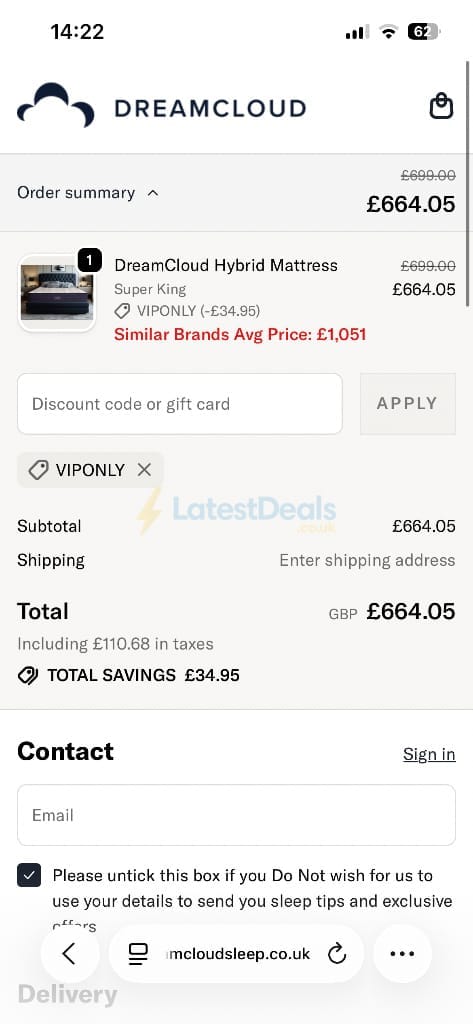 Screenshot of the DreamCloud discount code working