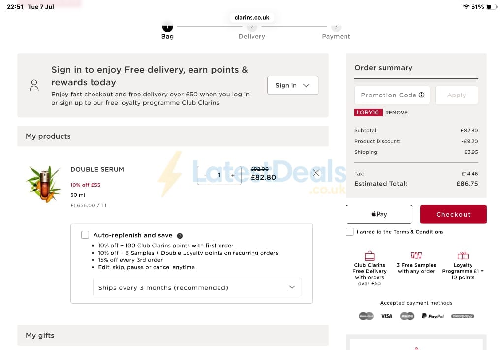 Screenshot of the Clarins discount code working