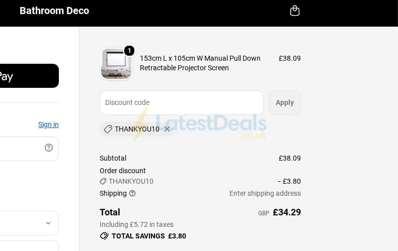 Screenshot of the Bathroom Deco discount code working