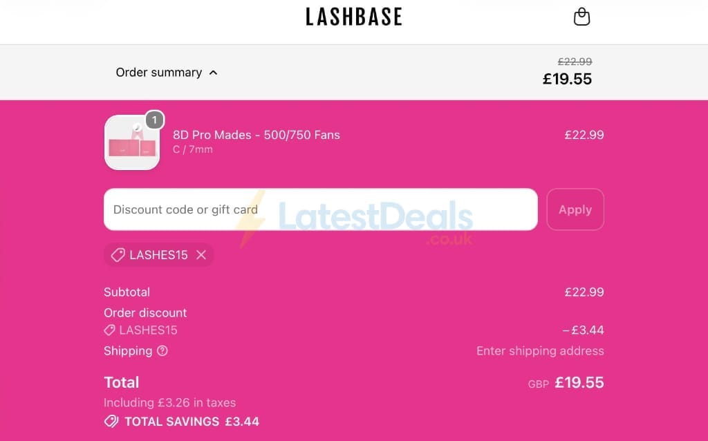 Screenshot of the LashBase discount code working