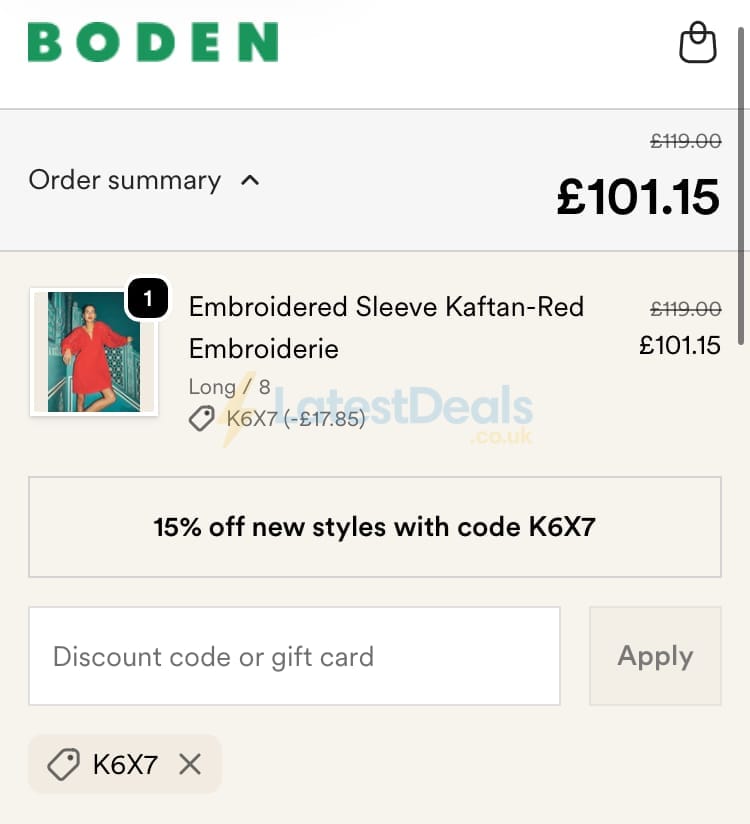 Screenshot of the BODEN discount code working