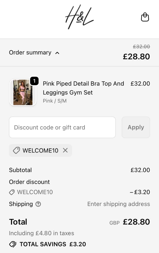 Screenshot of the HL London discount code working