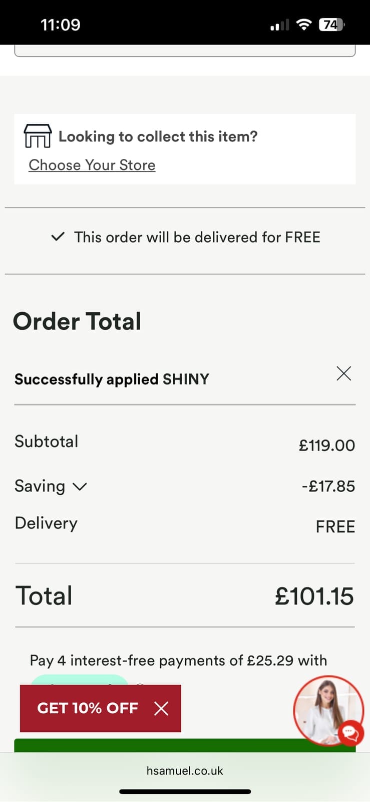 Screenshot of the H Samuel discount code working