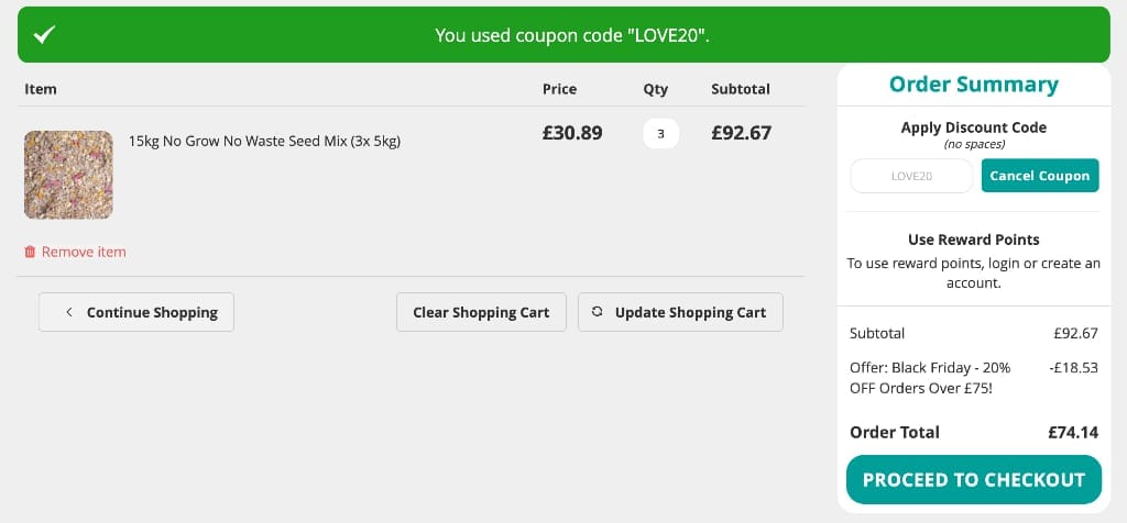 Screenshot of the Love Garden Birds discount code working
