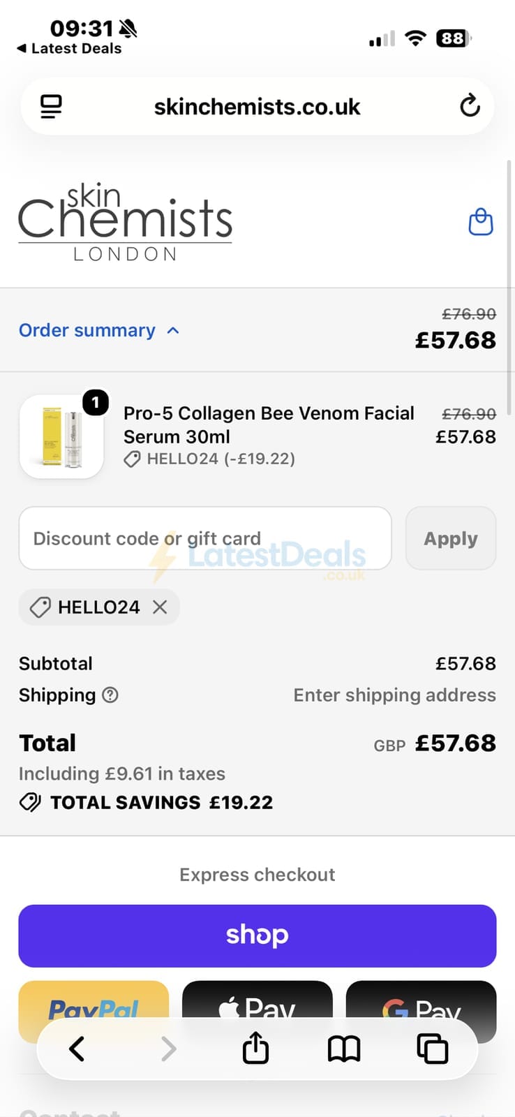Screenshot of the skinChemists discount code working