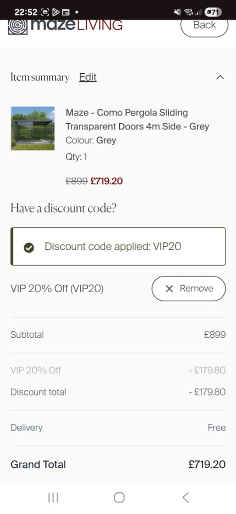 Screenshot of the Maze Living discount code working