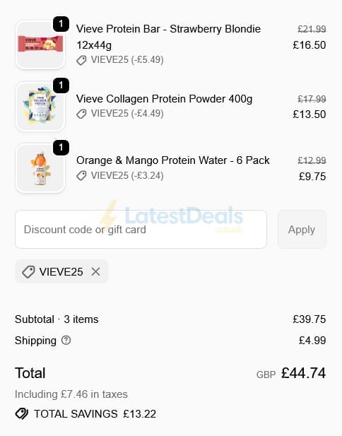 Screenshot of the Vieve discount code working