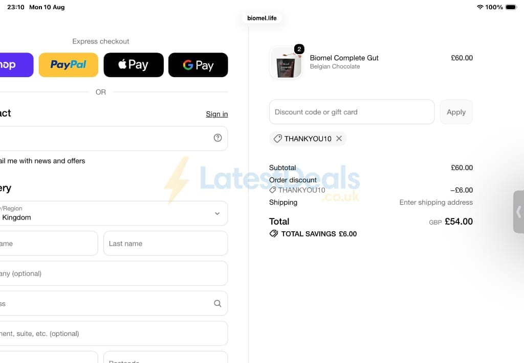 Screenshot of the Biomel discount code working