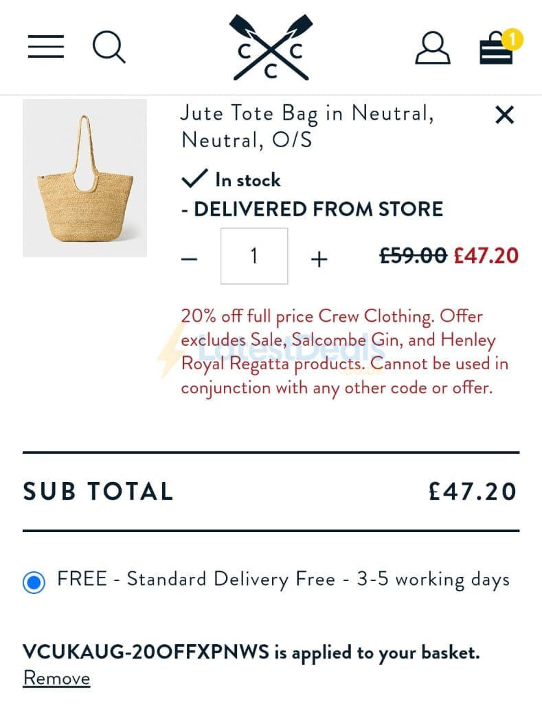 Screenshot of the Crew Clothing discount code working