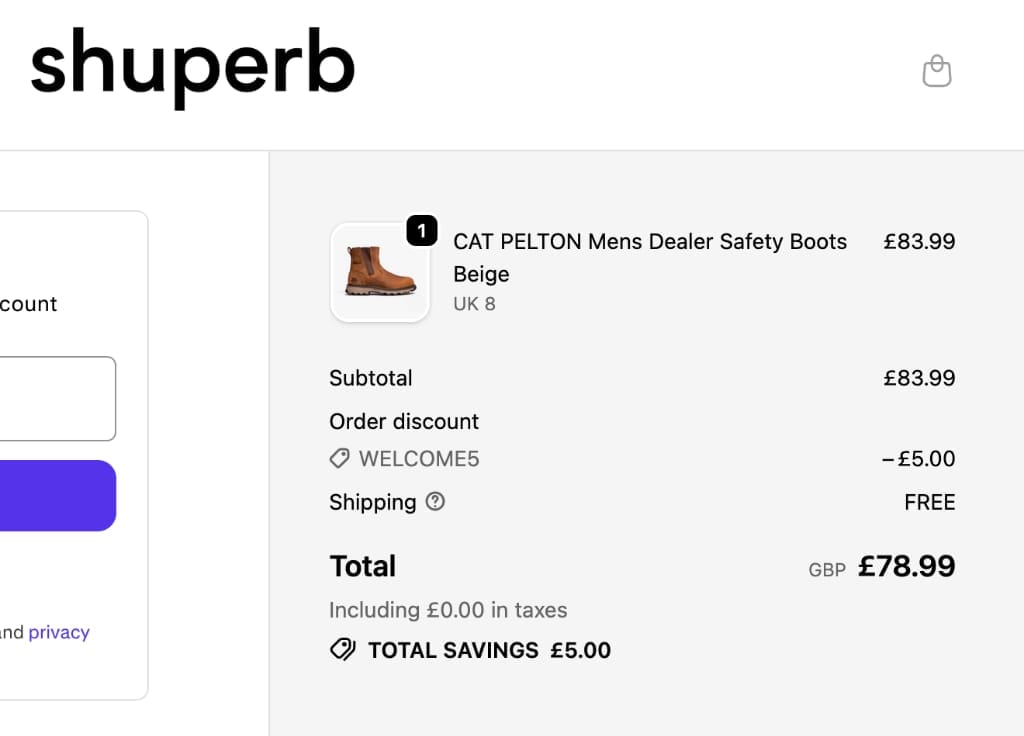 Screenshot of the Shuperb discount code working