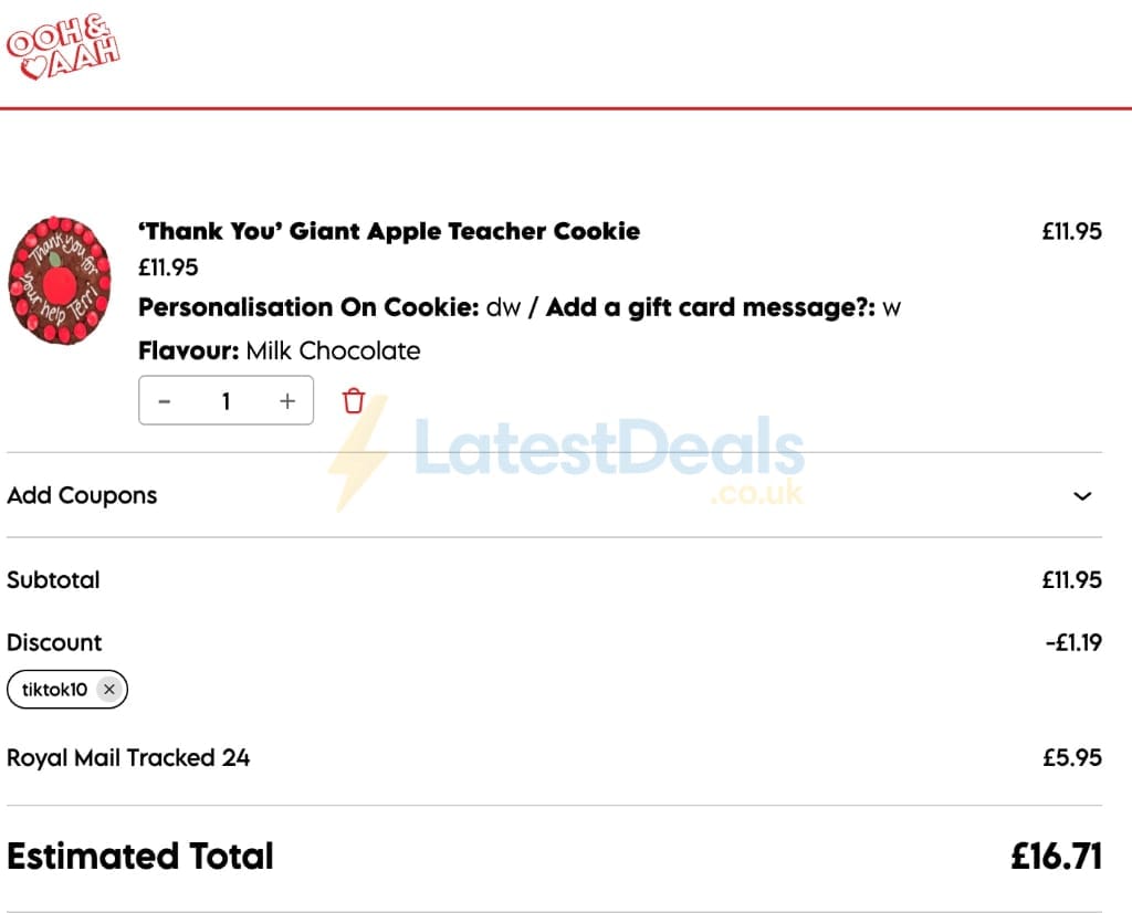 Screenshot of the Ooh & Aah Cookies discount code working