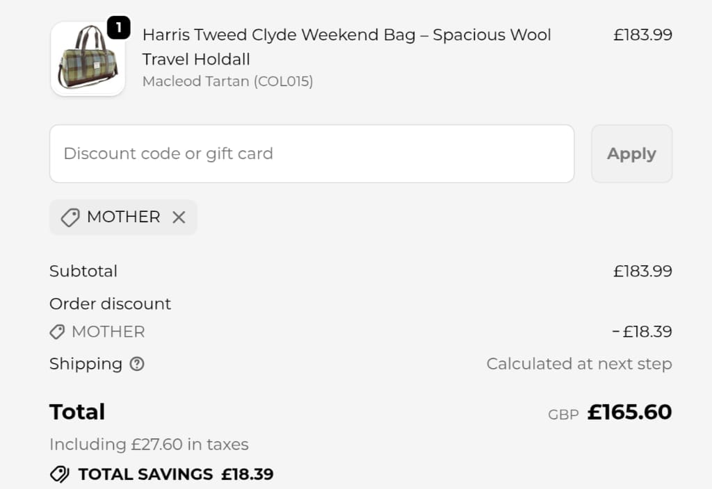 Screenshot of the Tartan Weaving Mill discount code working