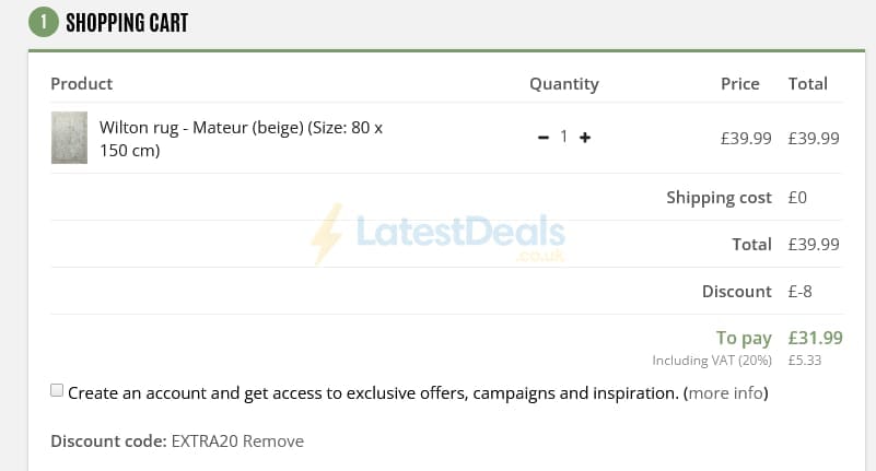 Screenshot of the Trendcarpet discount code working