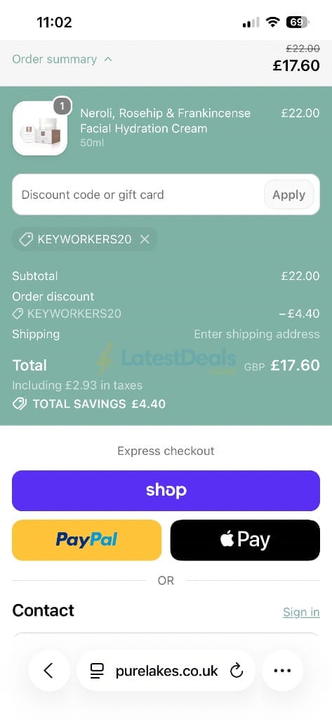 Screenshot of the Pure Lakes discount code working
