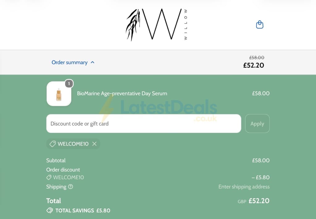 Screenshot of the Willow Beauty discount code working